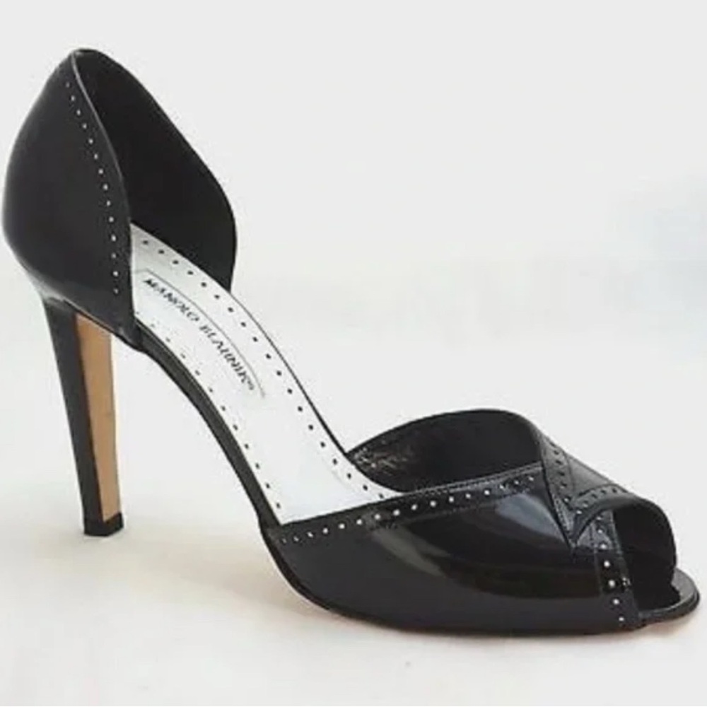 Manolo Blahnik Black Patent Open-Toe Heel